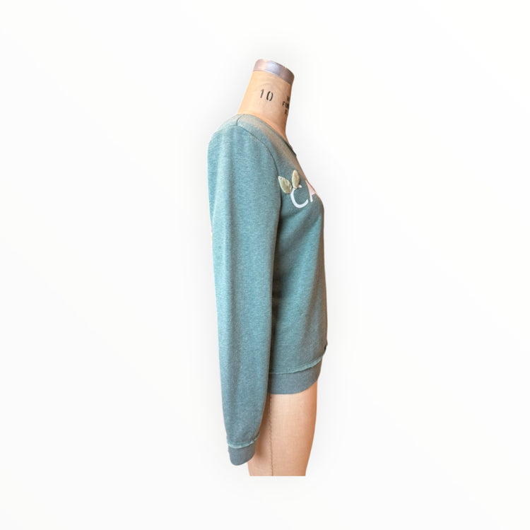 Sage Doily & Floral Crewel Appliqué Pullover Sweatshirt