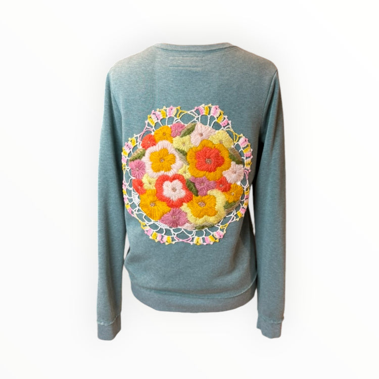 Sage Doily & Floral Crewel Appliqué Pullover Sweatshirt