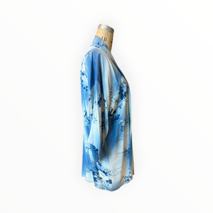 Blue Refashioned Silk Kimono with Sash