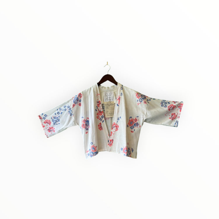 Short Linen Red & Blue Floral Kimono