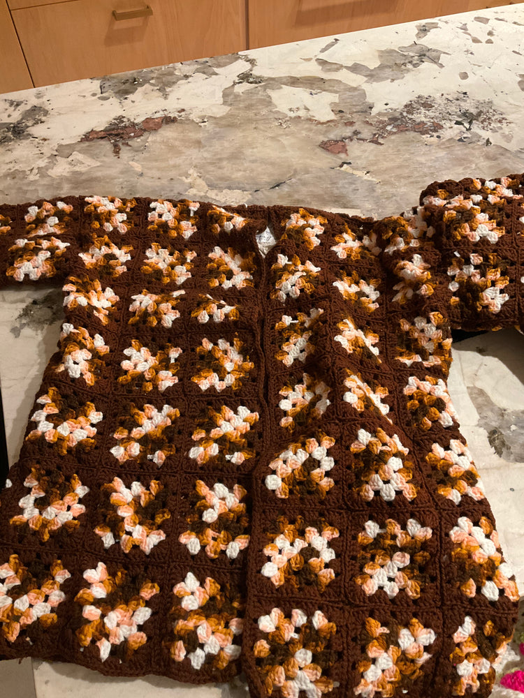 Large Brown Granny Square Car Coat Sweater