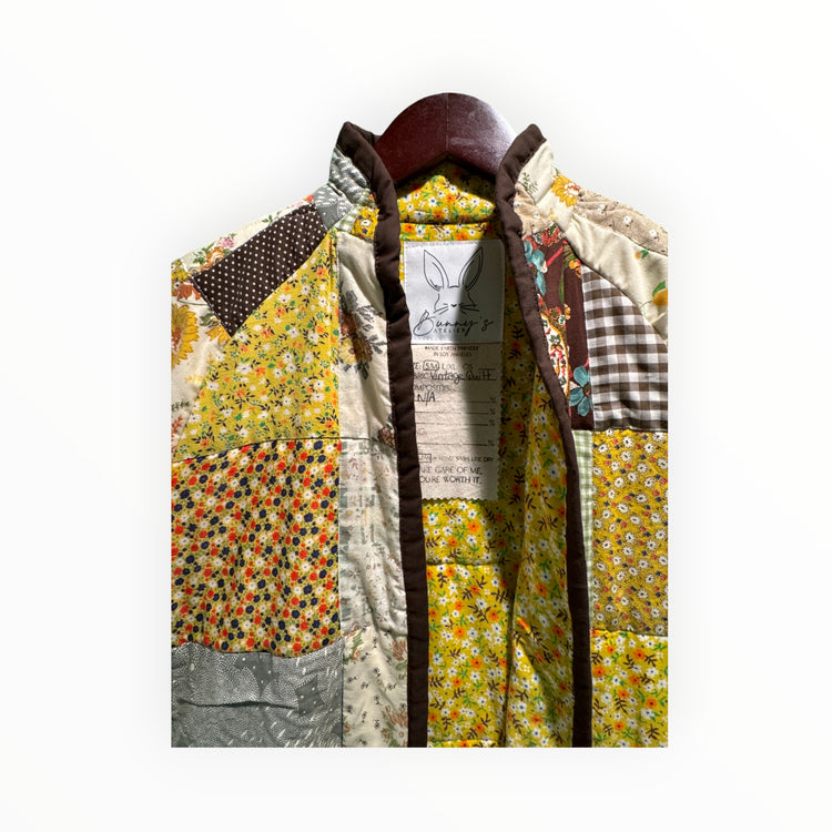 1970s Yellow & Brown Hand Tied Quilted Jacket