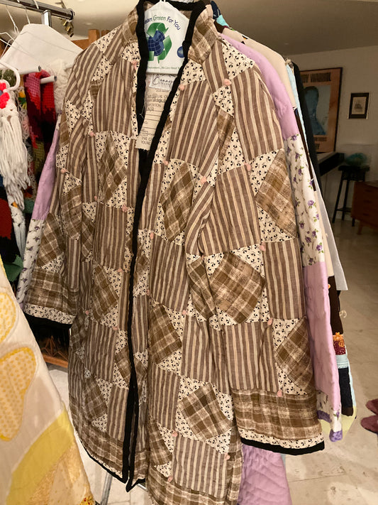 Black & Brown Stripes with Plaid Hand Tied Quilted Jacket