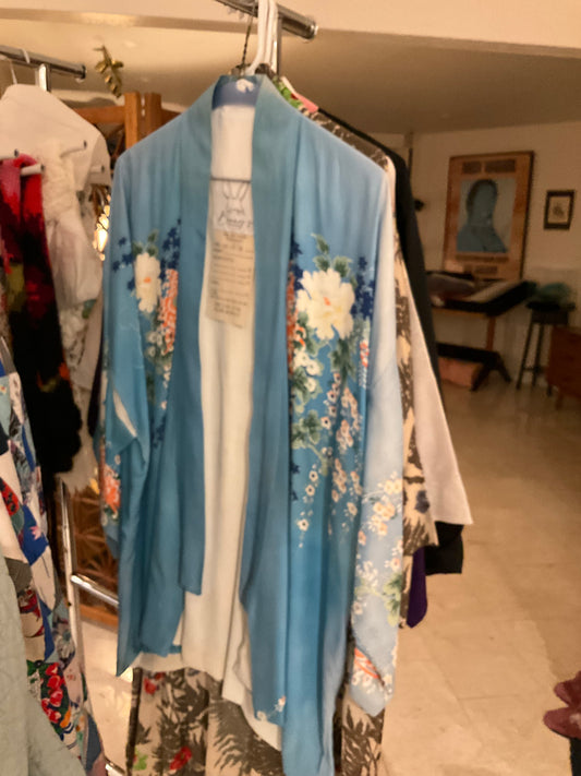 Sky Blue & Floral Refashioned Silk Kimono