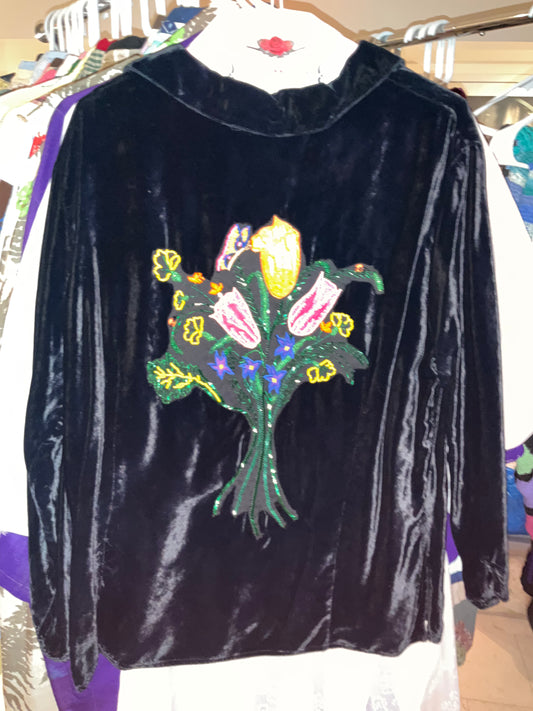 Black Velet Button Down Jacket with Beaded Appliqué