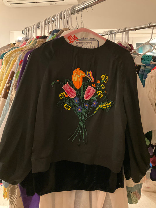 Black Silky Zip Up Bomber Jacket with Beaded Appliqué