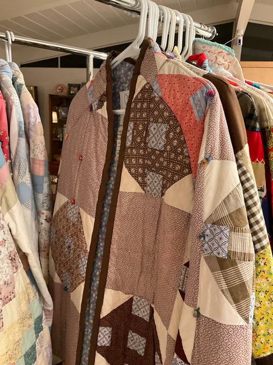 1940s Brown & Blue Patchwork Hand Tied Quilted Jacket