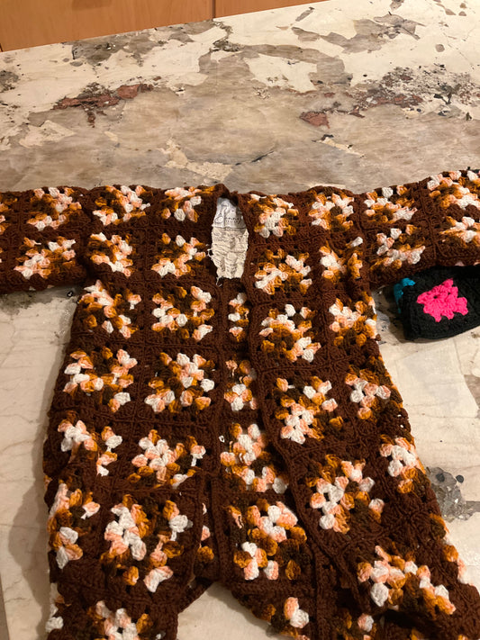 Small Brown Granny Square Car Coat Sweater