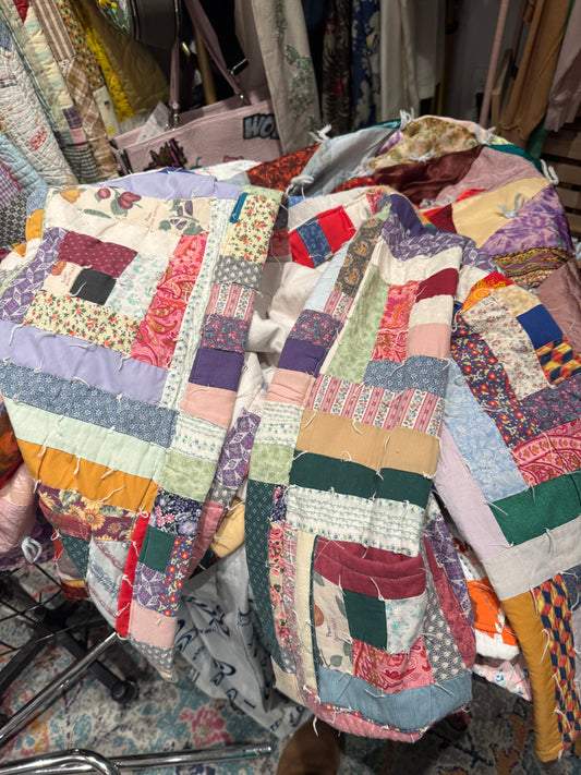 Vintage Hand Quilted Log Cabin Green Short Jacket